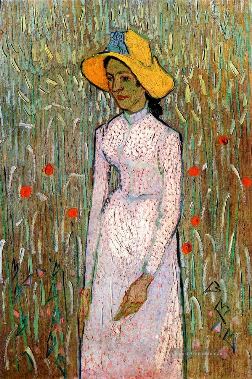 Junge Mädchen das gegen einen Hintergrund des Weizens Vincent van Gogh Ölgemälde